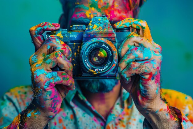 photographer with Holi paint camera