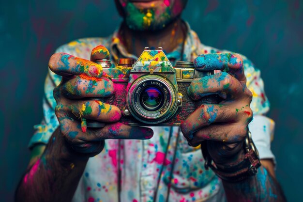 photographer with Holi paint camera