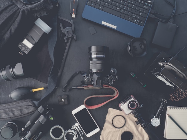 Photographer work station with digital camera and tools