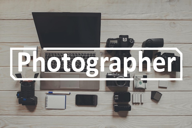 Photo photographer workplace flat lay closeup