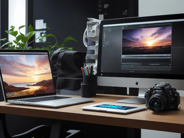 Foto luogo di lavoro dei fotografi con computer portatili e fotocamere in uno studio moderno