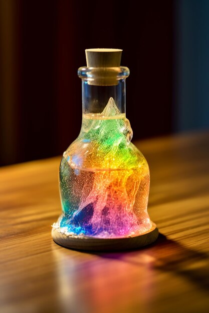 Photographic of a crystal potion containing a rainbow multicolored vibrant mystical liquid on a wood