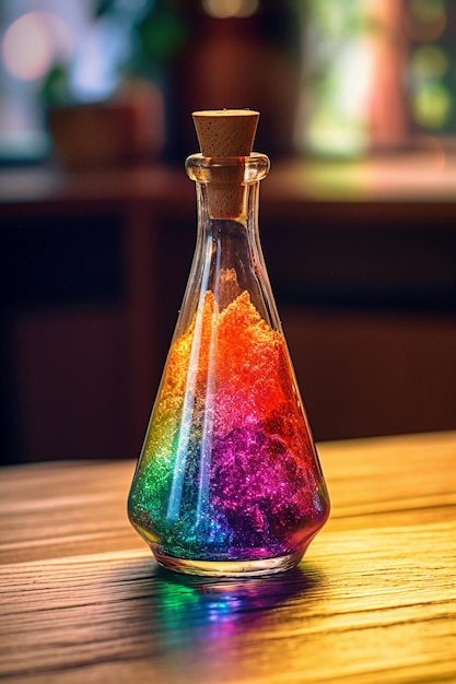 Photographic of a crystal potion containing a rainbow multicolored vibrant mystical liquid on a wood
