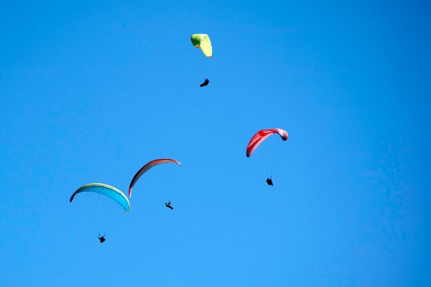 Photographic documentation of the moment of flight of a group of paragliding hurled into the blue sky