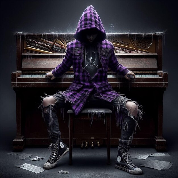 Foto illustrazione fotografica di un ragazzo mago che suona il pianoforte