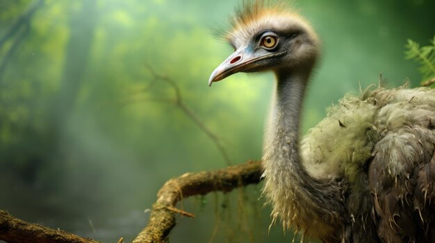 Photo photographic style ostrich on wood branch in paleocore inspired forest