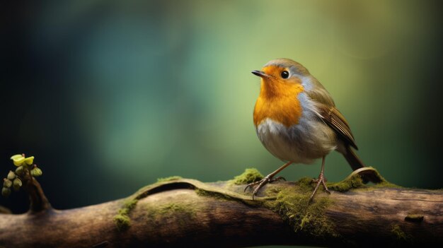 Photographic Style Small Bird On Wood Branch With Green Moss