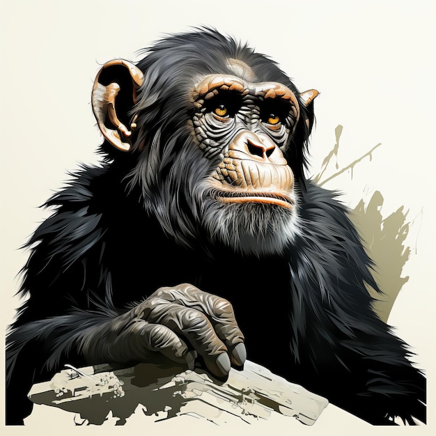 黄色い目を持つ枝の上にいるチンパンジーの写真的な詳細な芸術的イラスト