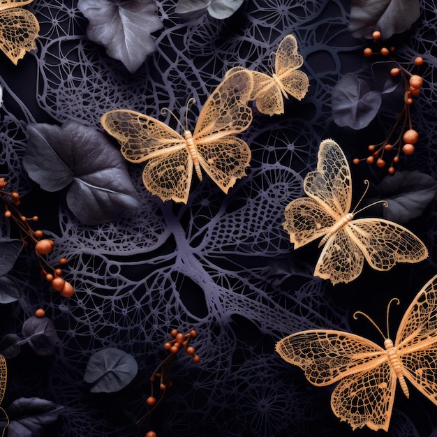 Фото Фотографические портреты на черном фоне с золотыми бабочками и листьями