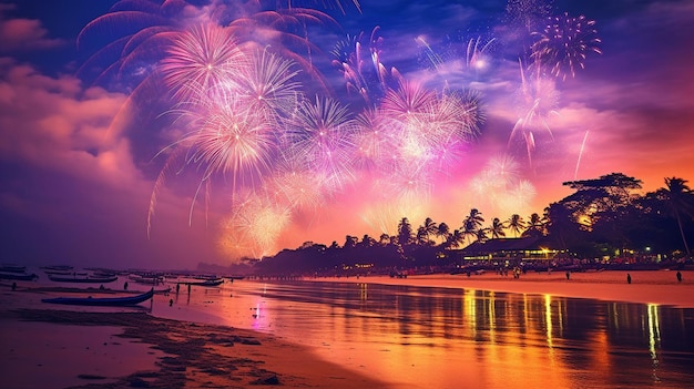 Photographing fireworks on the beach at sea and on New Year's Eve GENERATE AI