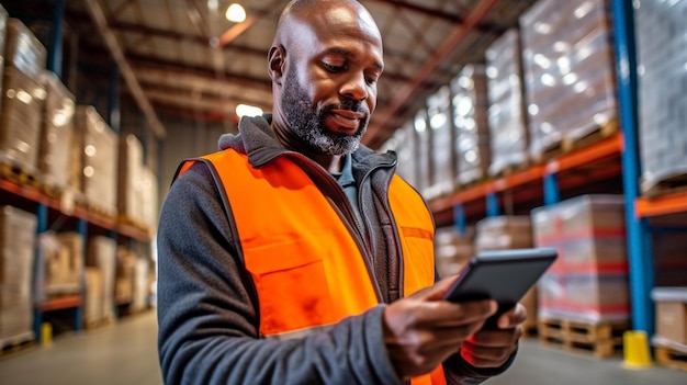 Photographing a warehouse worker holding a tablet while standing to the side GENERATE AI
