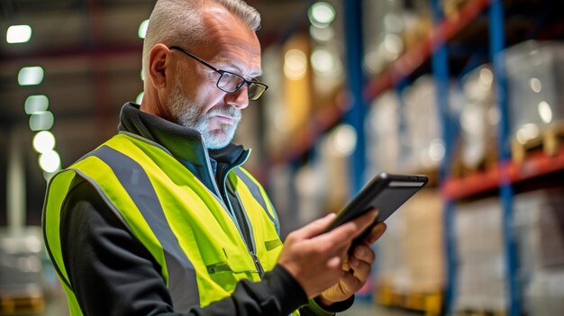 Photographing a warehouse worker holding a tablet while standing to the side GENERATE AI