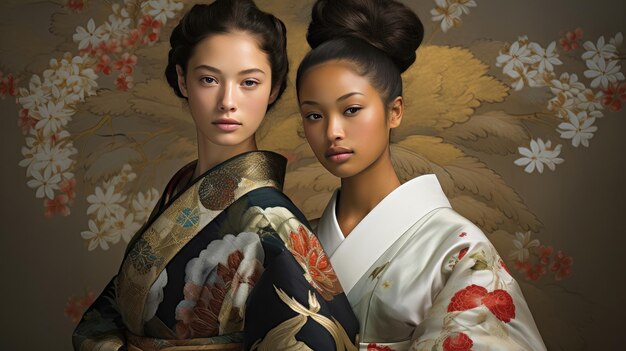 Photo the photographs highlight the elegance and beauty of traditional attire such as kimonos in japan or saris in india