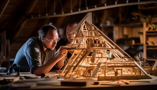 Photography of architects working on handmade architectural mode
