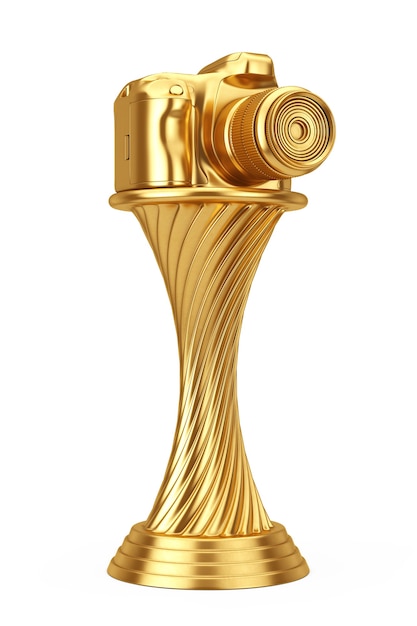 Концепция премии фотографии. Золотая награда трофей современный цифровой фотоаппарат на белом фоне. 3D-рендеринг.