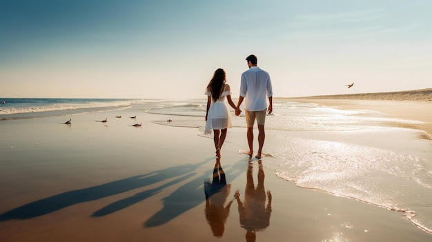 Photography back view young couple walking by beach sand next to the water summerstyle