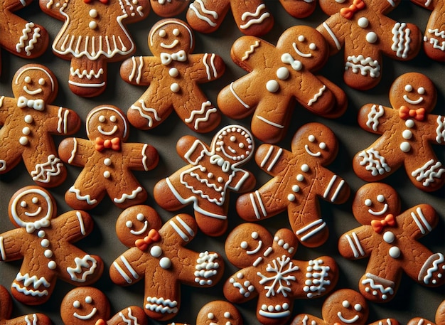 Photo photography background texture of many gingerbread men cookies top view creating a seamless patter