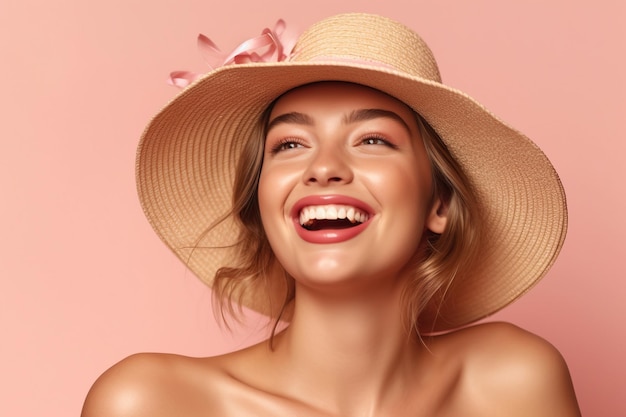 Photography of a beautiful smiling woman wearing short crop top and straw hat
