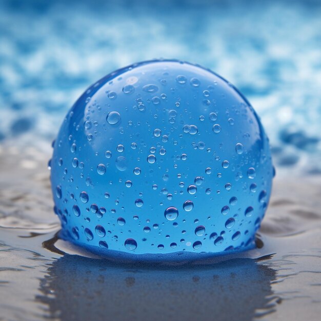 Foto fotografia di un pallone da spiaggia blu con gocce d'acqua