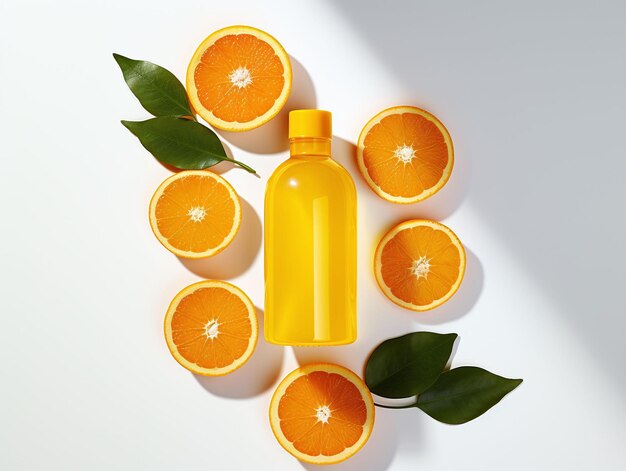 Photography of a bottle of orange juice with cut orange slices