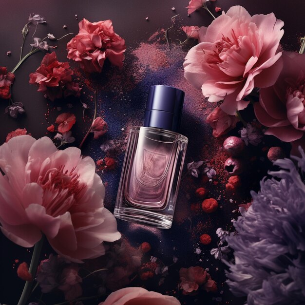 Photo photography of a bottle surrounded by flowers