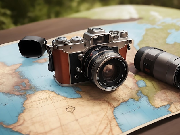 A Photography Camera above of the world map