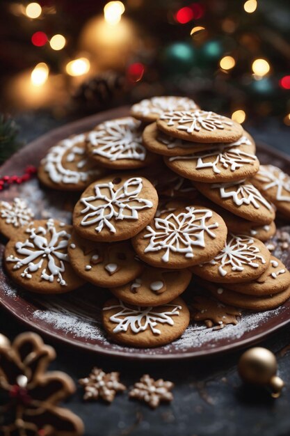 Фотография рождественских печенья на тарелке рождественского фона
