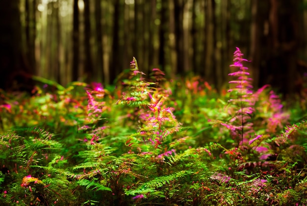 Photography close up magical forest with vibrant glowing plants