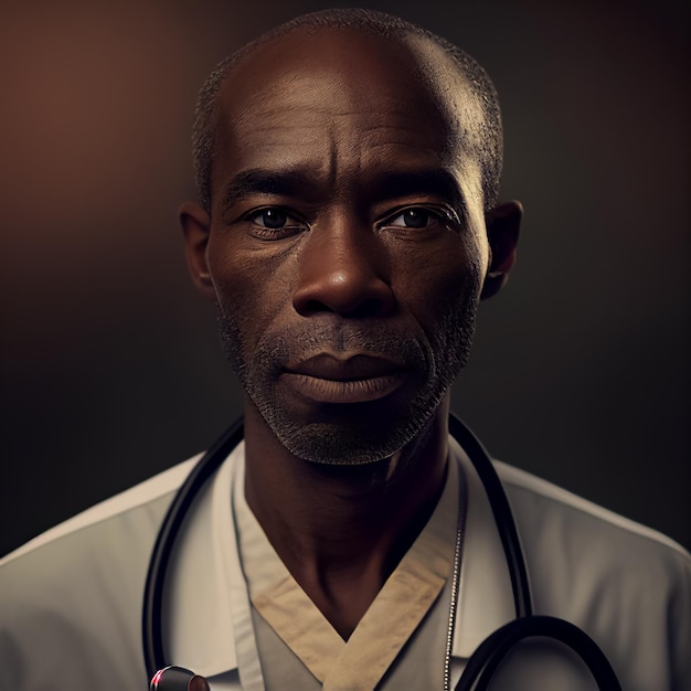 photography closeup african male doctor 45 years old serious stoic a white dung a stethoscope