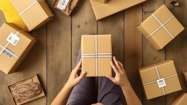 Photography Closeup of business man prepare his packages from Topdown angle