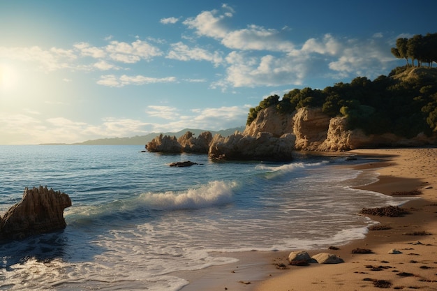 Фотография прибрежных пейзажей с райскими пляжами и кристально чистой водой, передающей спокойствие.