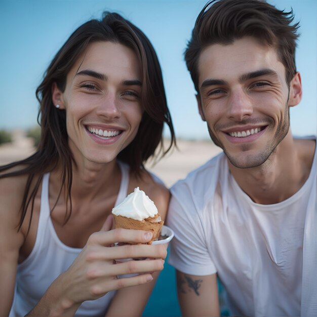 Photography of a couple in summer smiling with an ice cream