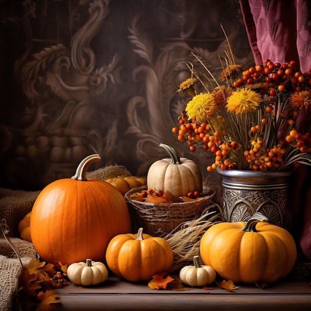 photography of A cozy autumn setting with pumpkins and leaves in shades of orange brown and gold