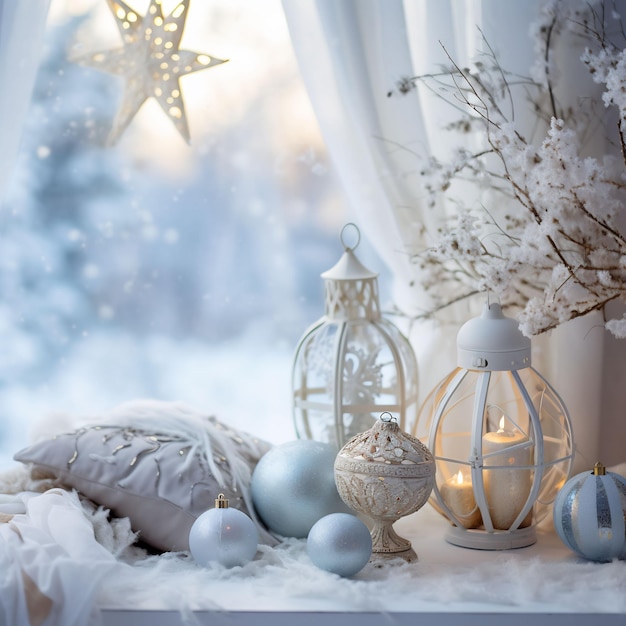 photography of cozy winter setting with snowflakes and winter decoration in shades of white blue