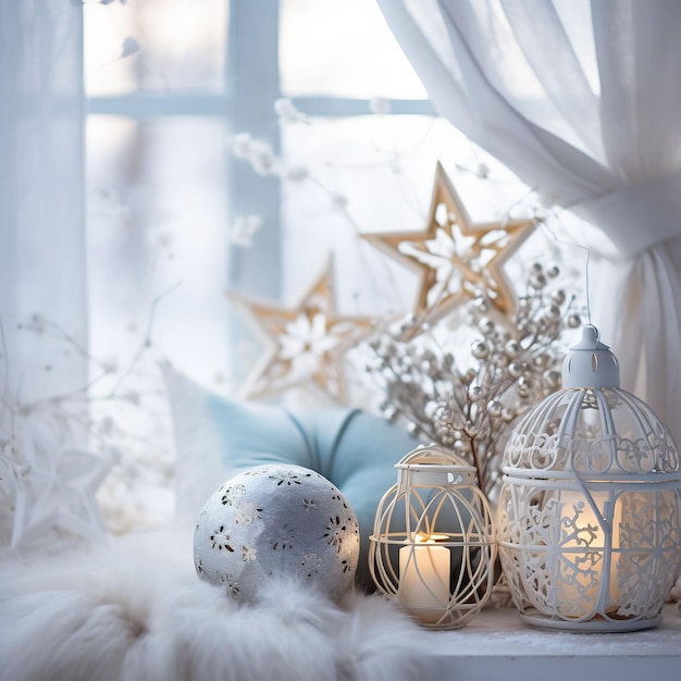 photography of cozy winter setting with snowflakes and winter decoration in shades of white blue