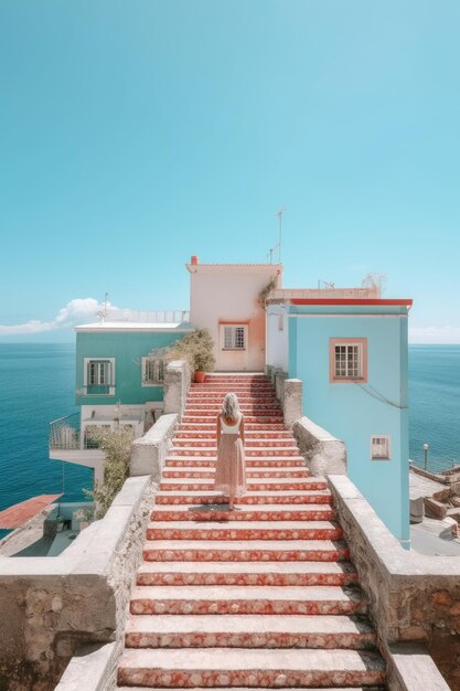 Photography created with AI Image of a girl in a dress walking down a staircase with stunning views of the Mediterranean Sea Concept of summer vacations