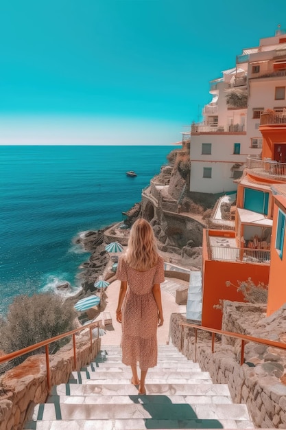 Photography created with AI Image of a girl in a dress walking down a staircase with stunning views of the Mediterranean Sea Concept of summer vacations