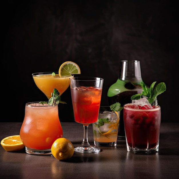 Photography of different refreshing cocktails to drink in summer Concept of alcoholic and refreshing drink