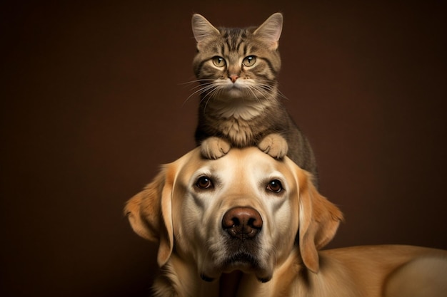 頭の上に猫を乗せた犬の写真