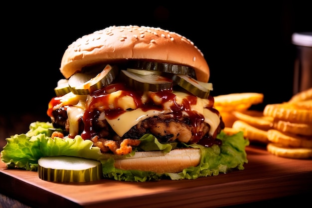 Photography Double Burger Salad Barbecue Sauce Cheese Sauce Cheese Onion Lettuce