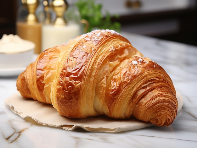 Photography of french croissant on the white marble table AI generated