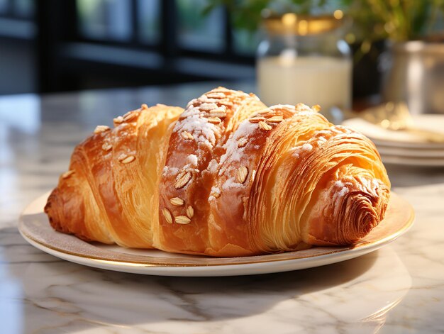 Photography of french croissant on the white marble table AI generated
