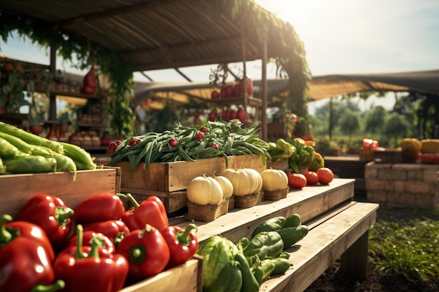 Фотография свежих продуктов на органических и устойчивых сельскохозяйственных ярмарках, где ценится местное производство и