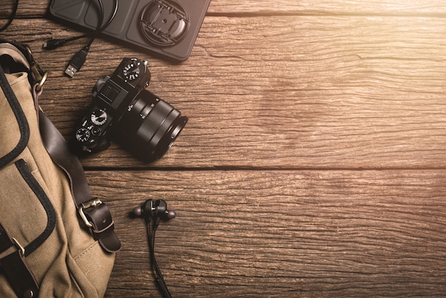 Photography gear on wooden table