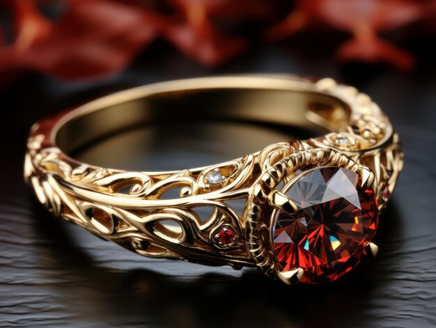 Photography of a gold ring with tiny ruby on it intricate