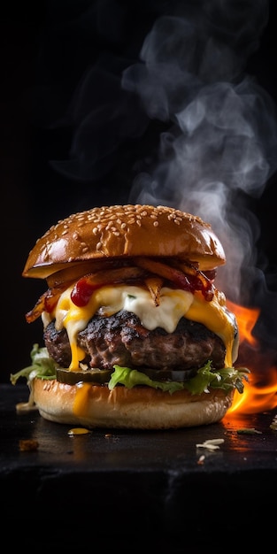 Photography of a gourmet burger topped with steak cheddar tomato crisp lettuce onion