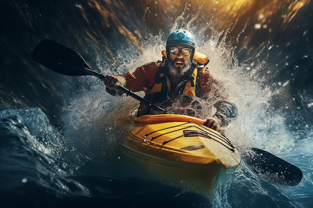 a photography of a kayaker with kayak through the water