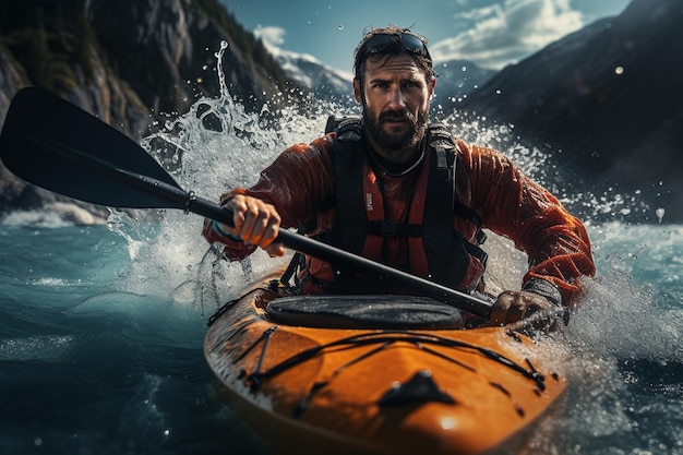 a photography of a kayaker with kayak through the water