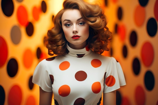 A photography of a lady in a polka dot dress in the style of retro futurism warm tones