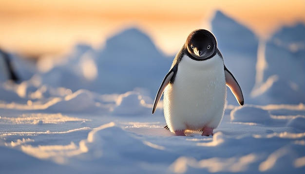 A photography of a lone adelie penguin waddling across a snowcovered plain